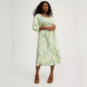 Torrid Tea Length Challis Puff Sleeve Dress Green Floral NWT